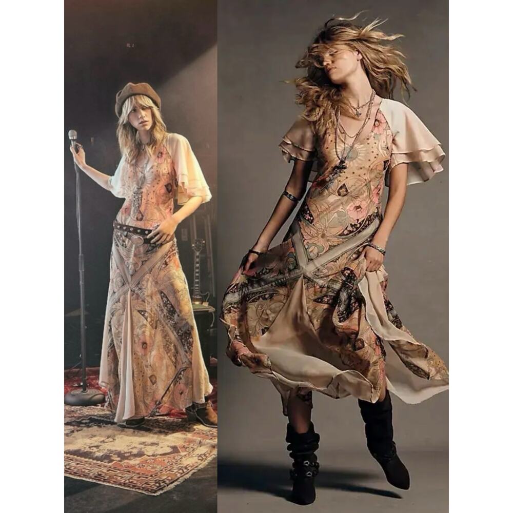 Free People Bohemian Witchy Celestial Nights Maxi Dress in Fairy Combo Large